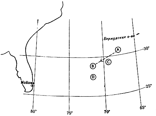 Два 'КС-135'. А - местоположение самолетов на 12 ч 10 мин; В - предполагаемое местоположение самолетов на 12 ч 37 мин; С - первый район с обломками на воде; D - второй район с обломками на воде